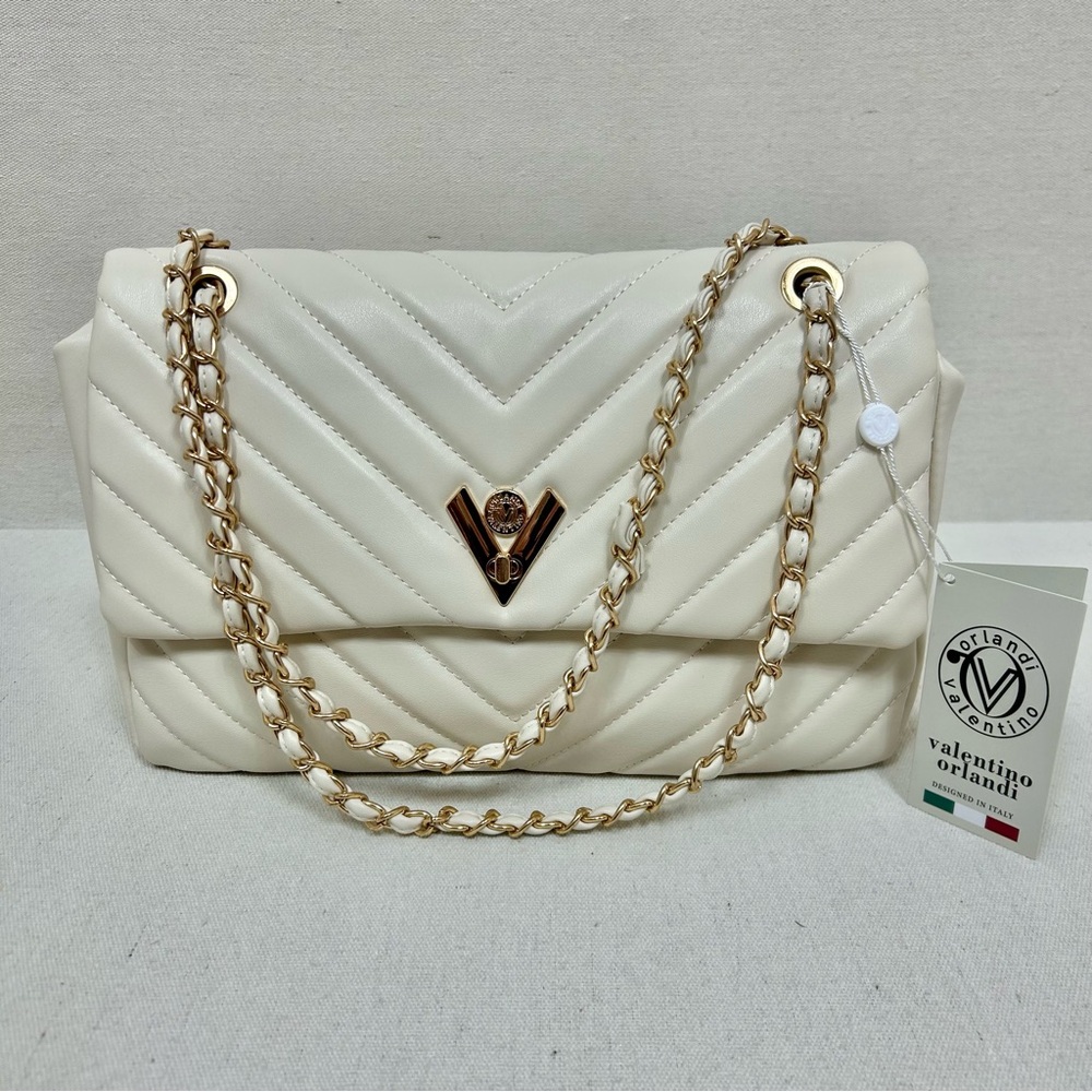 Valentino Orlandi Cream Shoulder Bag with Gold Hardware and Quilted Design